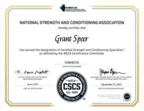 Grant Speer's strength and conditioning certification