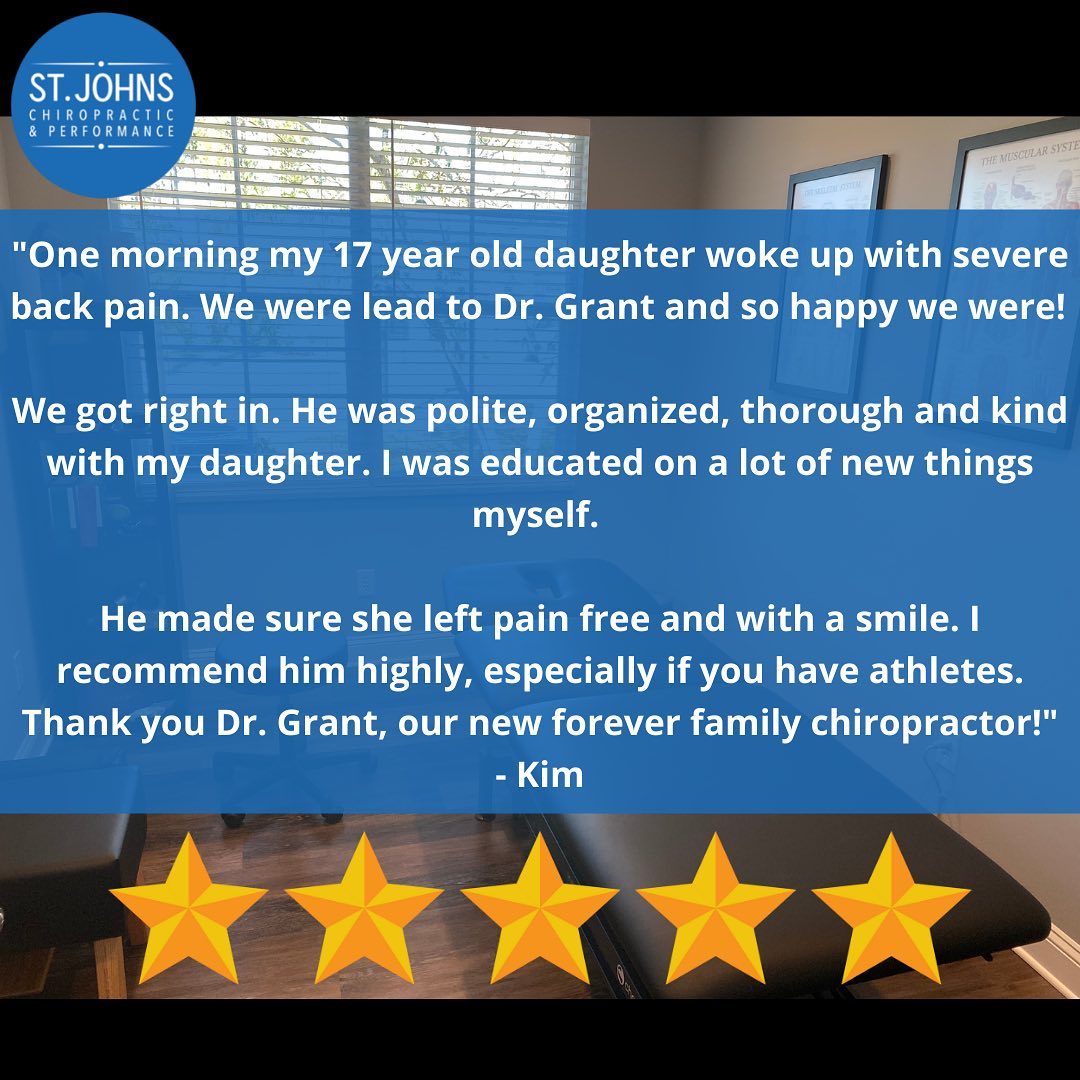 We appreciate feedback and we love helping our patients achieve their health goals! 

This can simply be getting you out of pain so you can walk normally again or it can sometimes be more in-depth injury rehab!

As a reminder, we work with all musculoskeletal conditions (head to toe) & all age groups! At St. Johns Chiropractic & Performance, we try to solve problems and not just be a band-aid that covers up your symptoms! 

Please keep us in mind when you are making your New Year’s Health Resolutions!