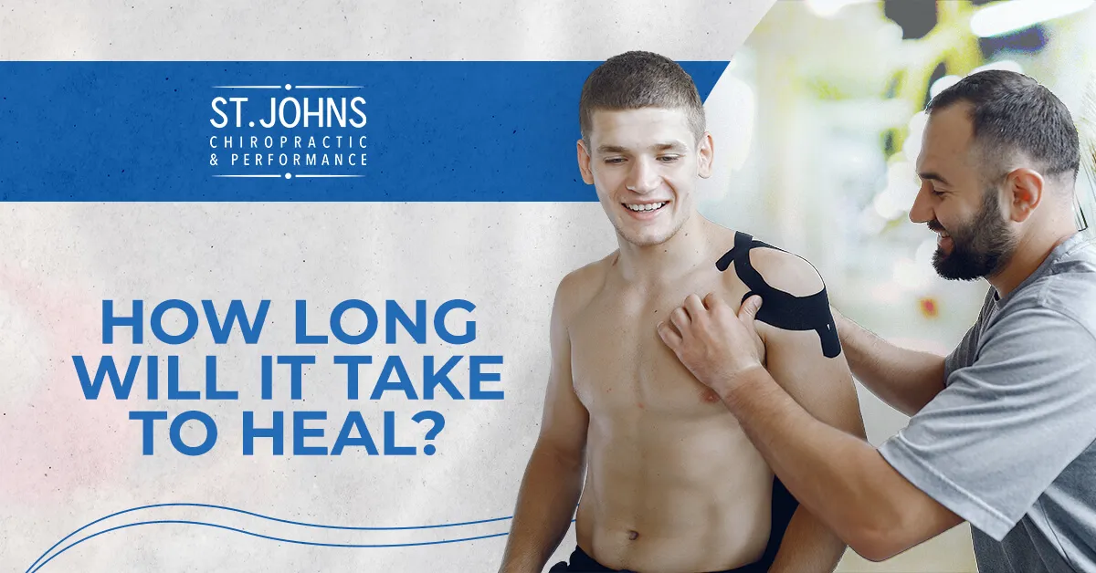 Chiropractor Putting Kinesio Tape on Patient's Shoulder | How Long Will It Take To Heal | St. Johns Chiropractic & Performance