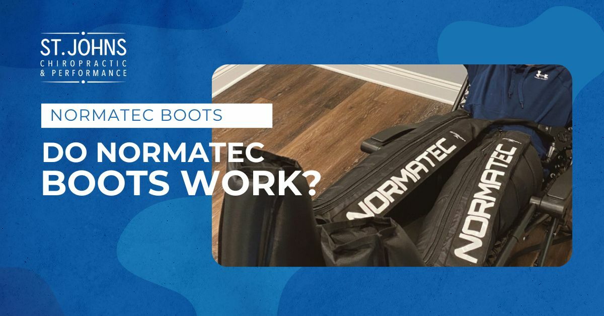A Patient Wearing Normatec Compression Boots Sitting In A Chair | Do Normatec Boots Works? | St. Johns Chiropractic & Performance