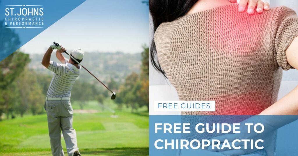 Golfer Swinging a Golf Club | A Woman Grabbing Her Back and Shoulder in Pain | Free Guide to Chiropractic Care | St. Johns Chirorpactic & Performance
