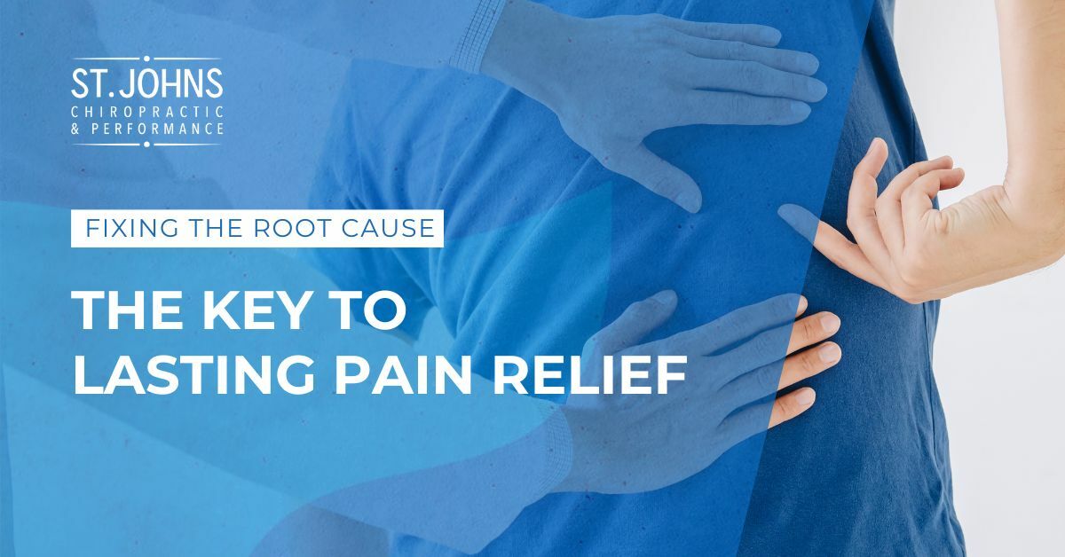 A Patient Reaching at Their Back Showing They are in Pain and a Chiropractor Touching the Same Area | Fixing The Root Cause | The Key To Lasting Pain Relief | St. Johns Chiropractic & Performance