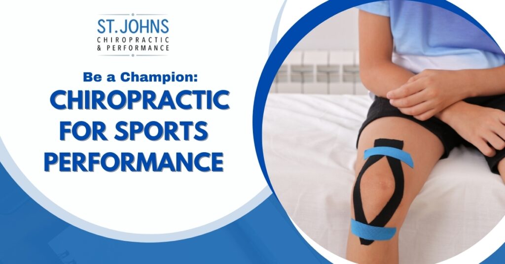 Athlete Siting on Table With Blur and Black Kinesio Tape on Their Knee | Be a Champion: Chiropractic For Sports Performance | St. Johns Chiropractic & Performance